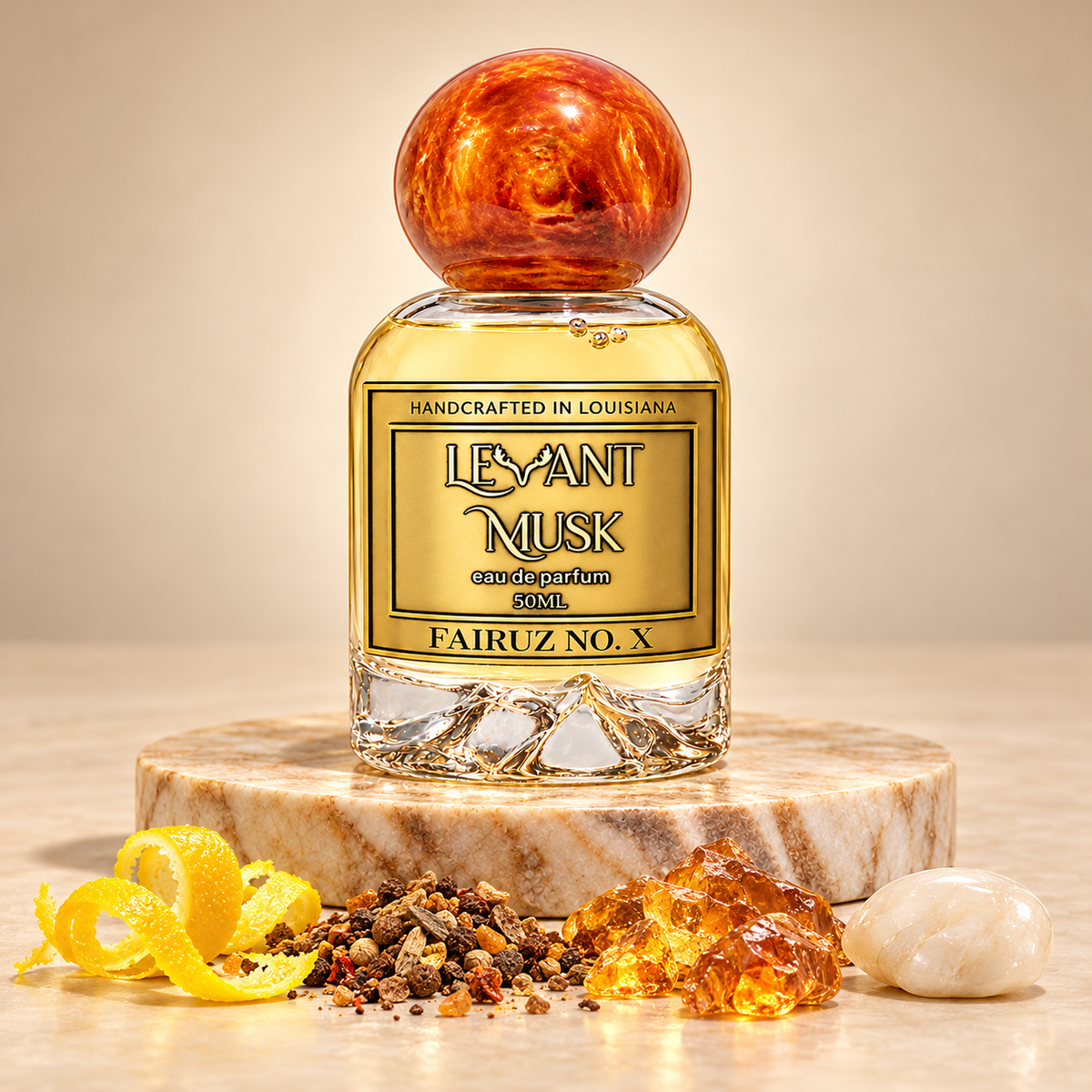 FAIRUZ NO. X eau de parfum on a marble plinth with lemon zest, aromatic spices, amber and musk scent-accord visuals