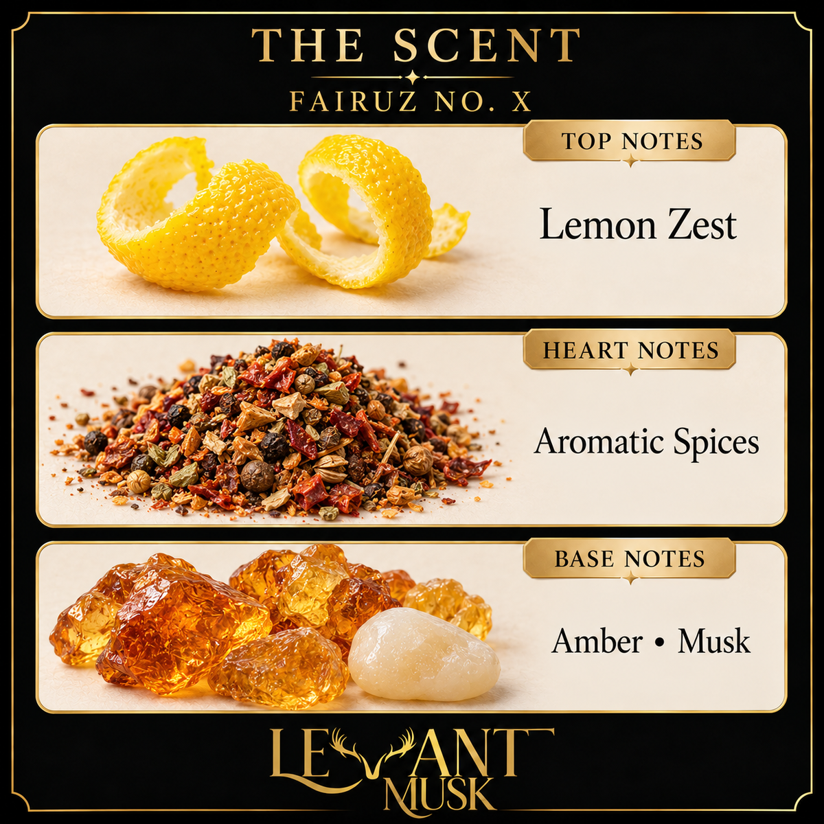 FAIRUZ NO. X scent notes: top lemon zest, heart aromatic spices, base amber and musk