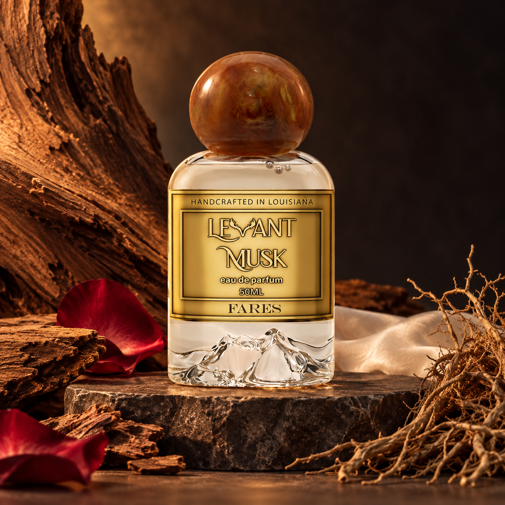 Levant Musk Fares perfume bottle styled with notes of rose petals, virginia cedarwood, and haitian vetiver.
