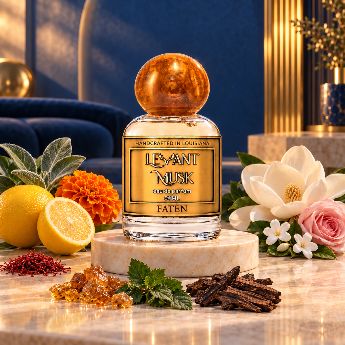 FATEN by Levant Musk perfume bottle in its original setting with scent illustrations.