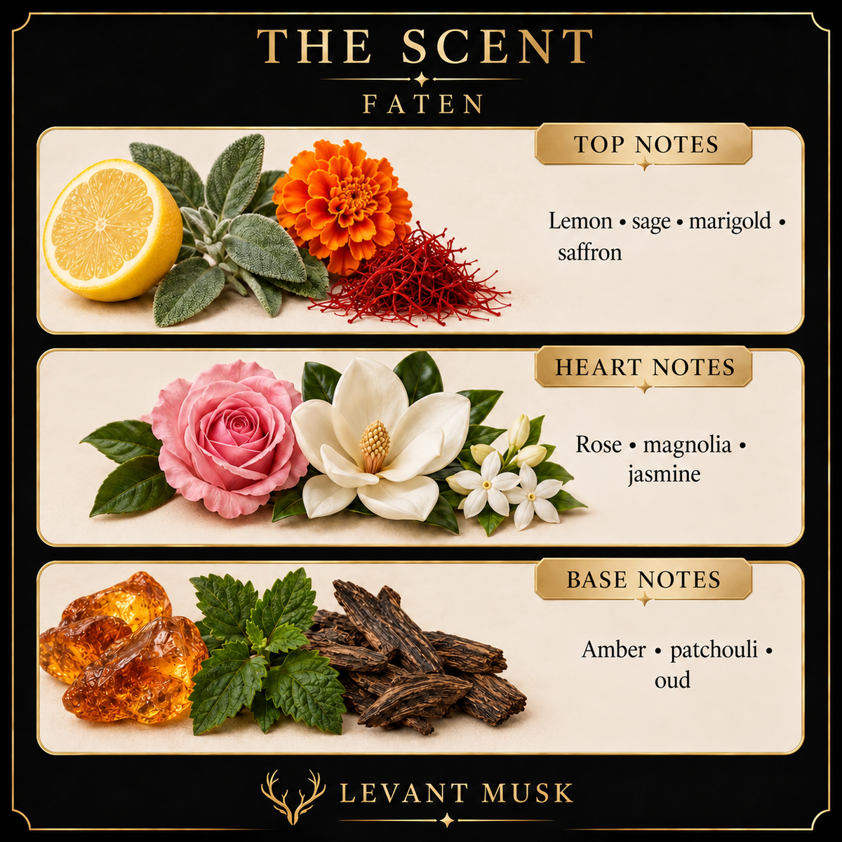 FATEN scent notes. Top: Lemon; sage; marigold; saffron. Heart: rose; magnolia; jasmine. Base: Amber; patchouli; oud.