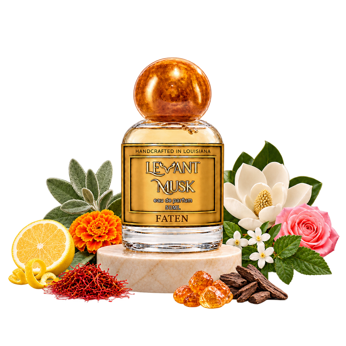 FATEN by Levant Musk, bottle with Lemon, sage, marigold, saffron, rose, magnolia, jasmine, Amber, patchouli, oud scent illustrations on a transparent background.
