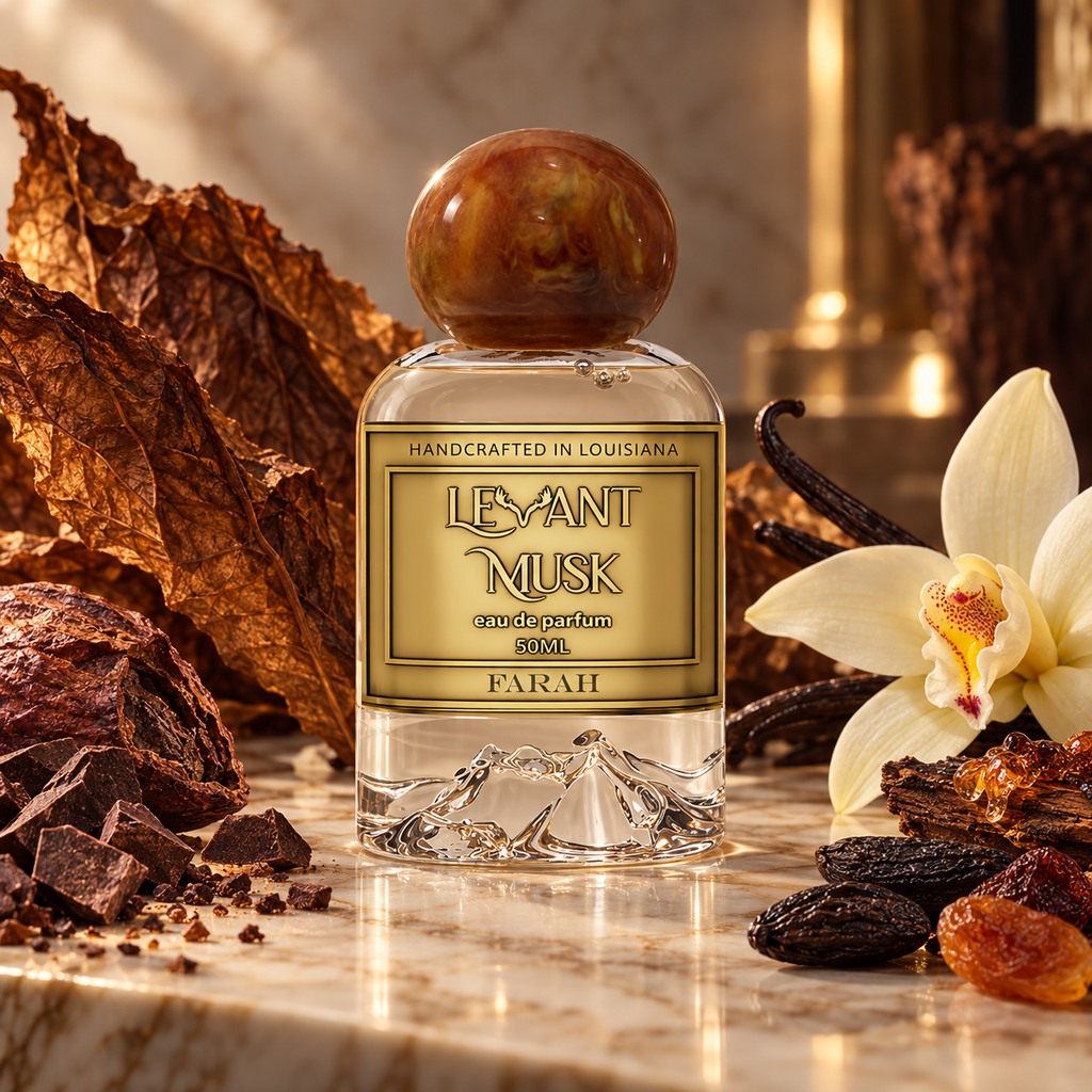 A 50ml perfume bottle labeled FARAH BY 'LEVANT MUSK', styled on a marble surface with dried tobacco leaves, chocolate pieces, vanilla beans, and a white orchid flower.