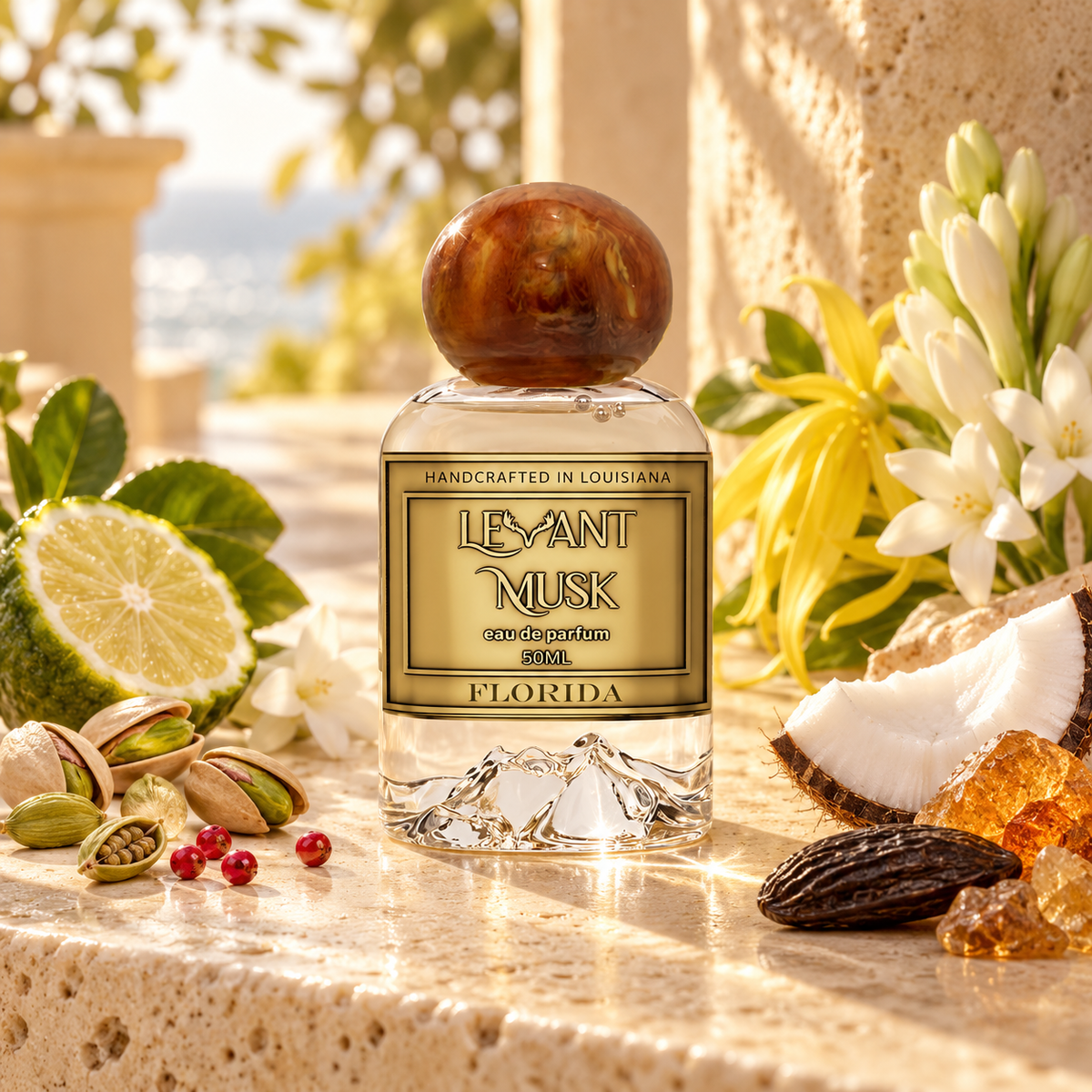 A bottle of Levant Musk Eau de Parfum centered on a stone ledge, surrounded by tropical ingredients including a lime half, pistachios, coconut, amber crystals, and white flowers. The background shows a softly blurred outdoor scene with warm sunlight.