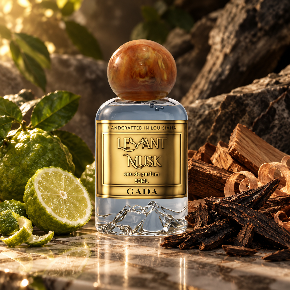 Levant Musk Gada perfume bottle styled with notes of bergamot, cedarwood, and oud.
