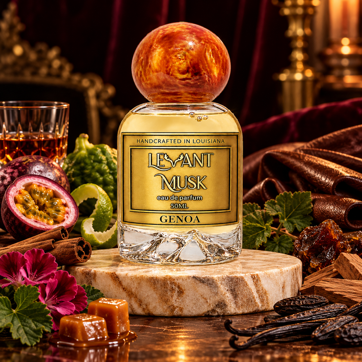 GENOA by Levant Musk in a cinematic setting with fragrance-note accents