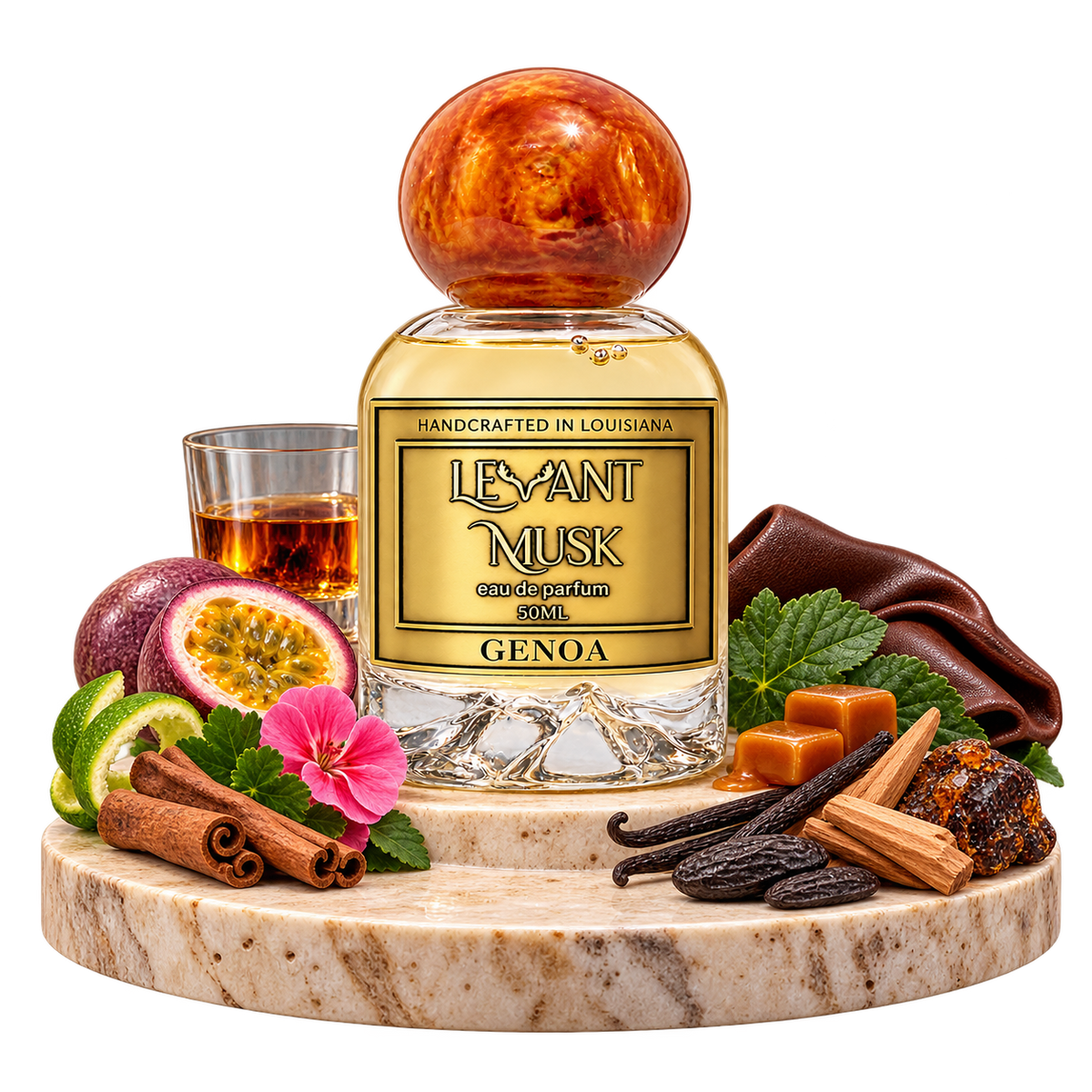 GENOA by Levant Musk with fragrance-note ingredients surrounding the bottle