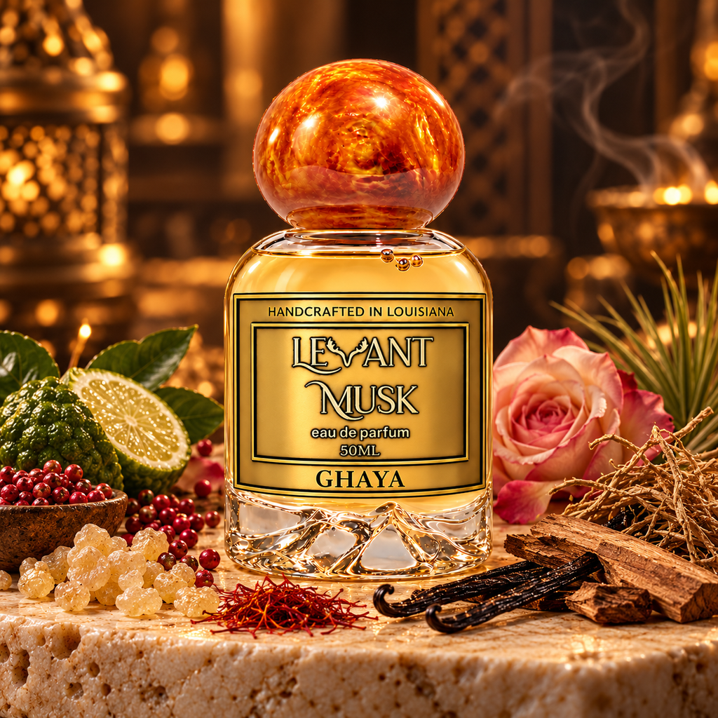 GHAYA 50 mL eau de parfum with orange cap, bergamot, rose, frankincense and woody notes