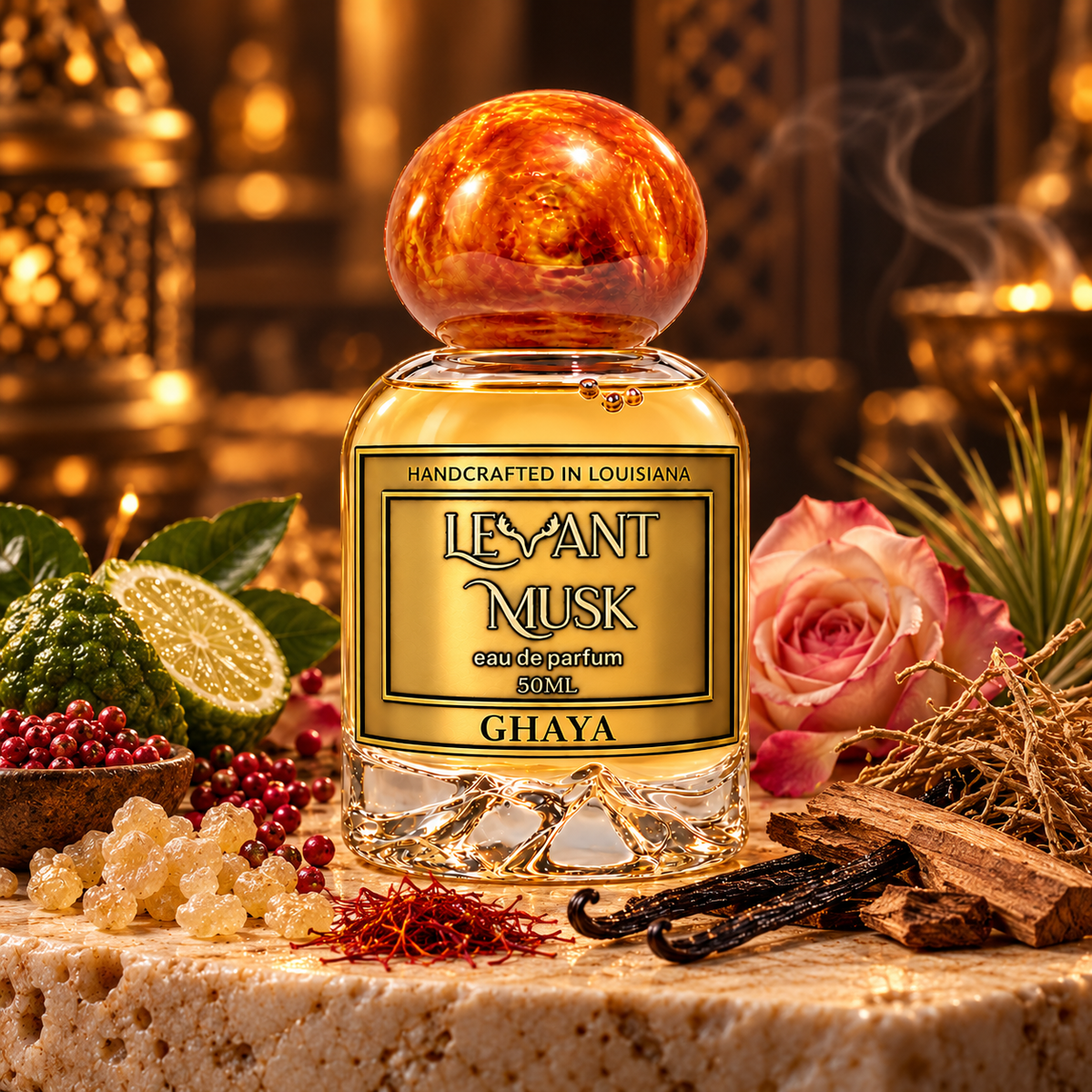 GHAYA 50 mL eau de parfum with orange cap, bergamot, rose, frankincense and woody notes