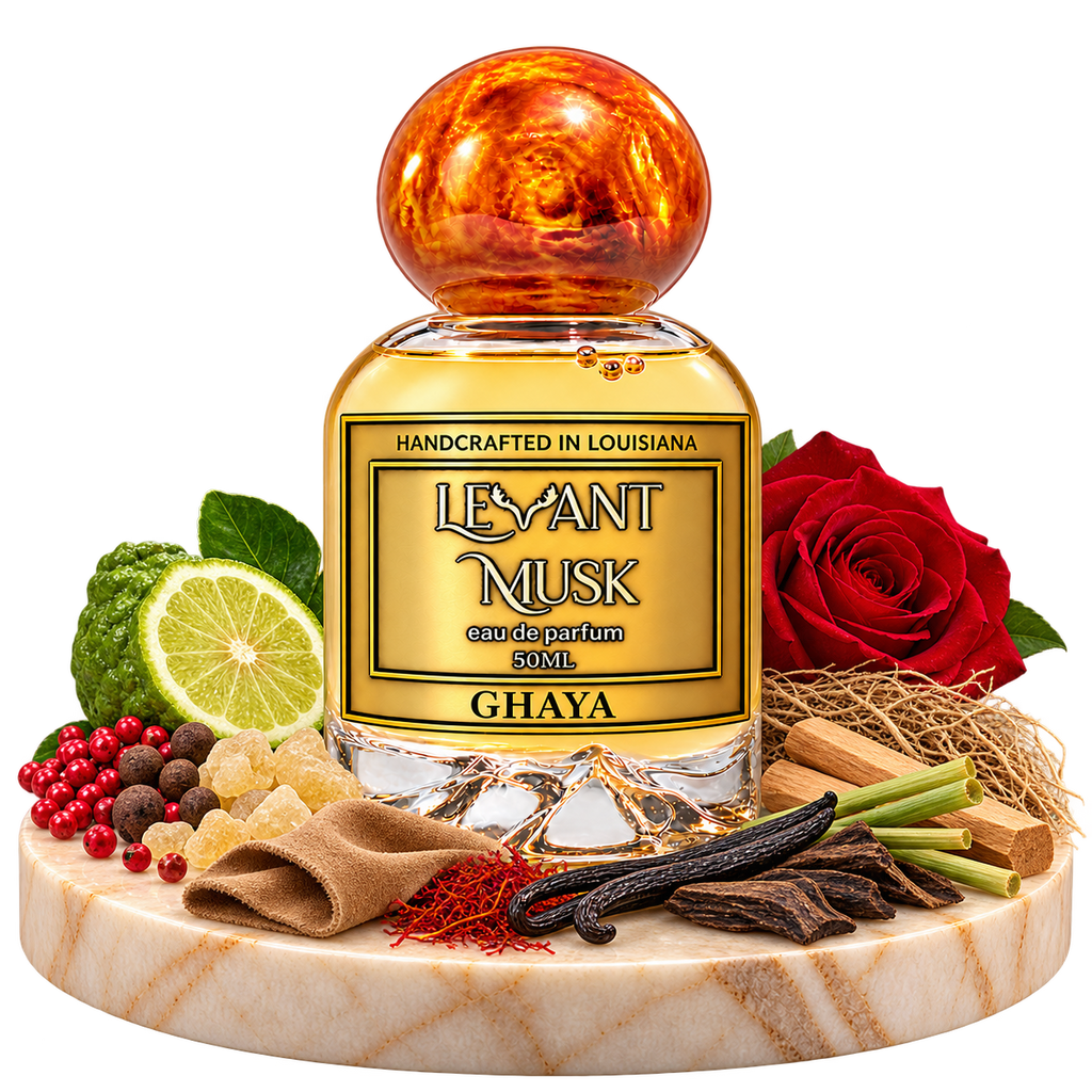 GHAYA 50 mL orange-capped bottle with fragrance-note ingredients on a transparent background