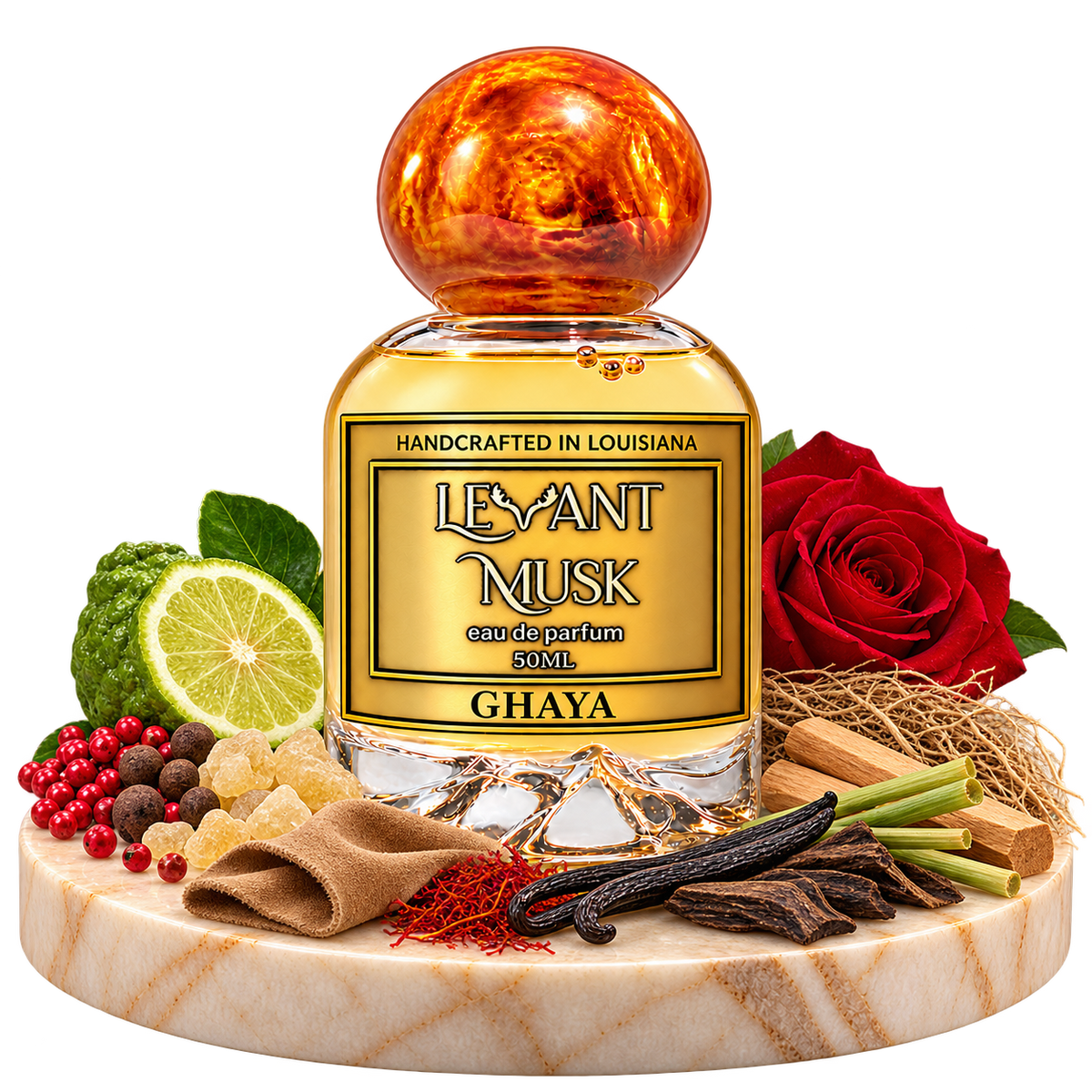 GHAYA 50 mL orange-capped bottle with fragrance-note ingredients on a transparent background