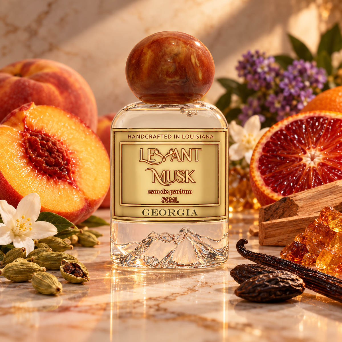A clear glass perfume bottle labeled 'LEYANT MUSK' with a round amber-brown cap, styled on a marble surface with peach halves, a blood orange slice, white flowers, cardamom pods, vanilla beans, and amber crystals around it.