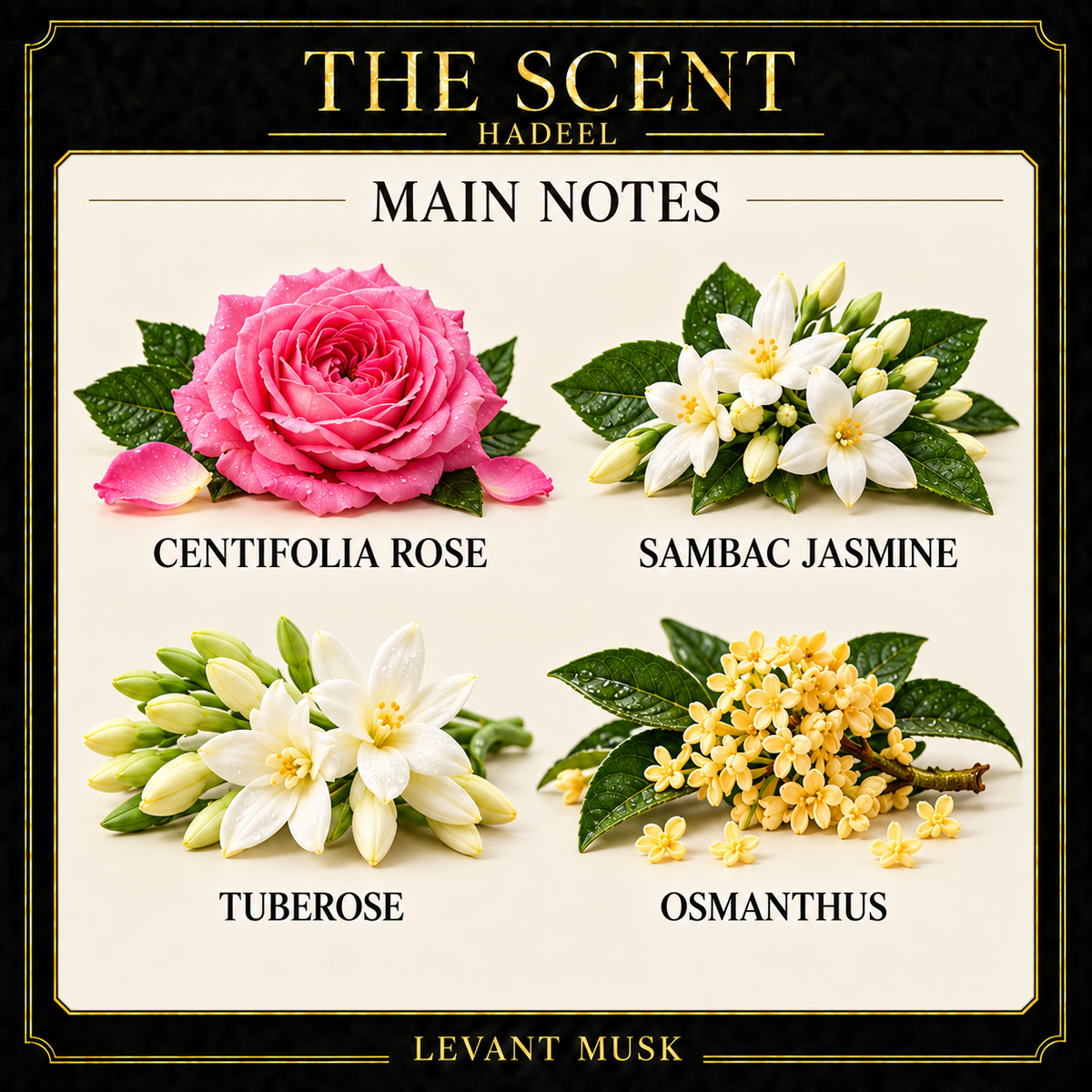 HADEEL by Levant Musk main notes: Centifolia rose; Sambac jasmine; tuberose; osmanthus.