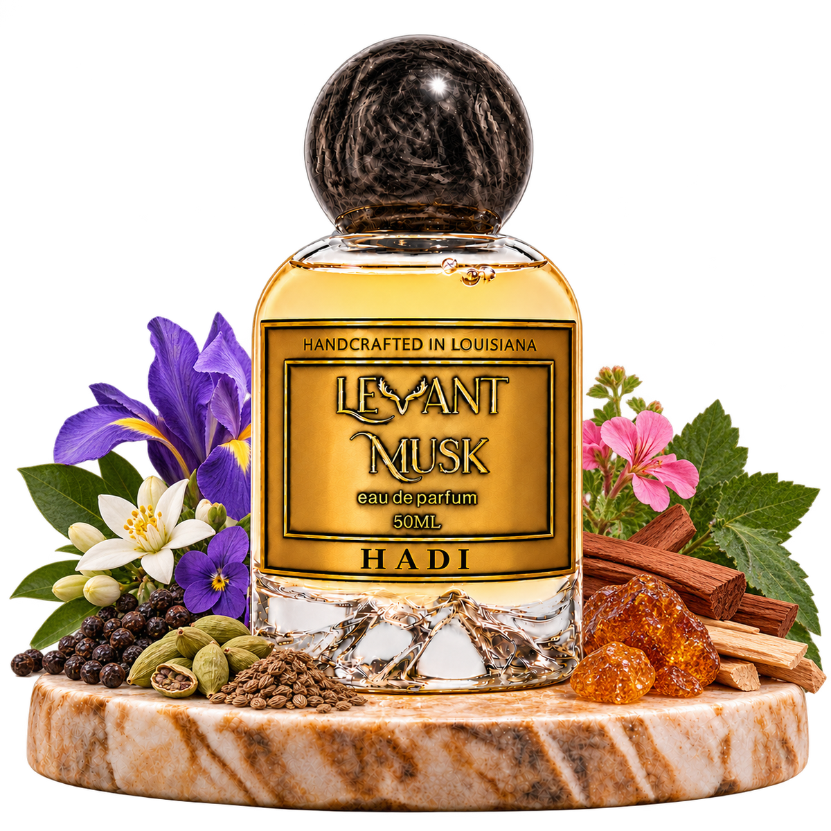 HADI by Levant Musk with fragrance-note botanicals on a marble pedestal, transparent background