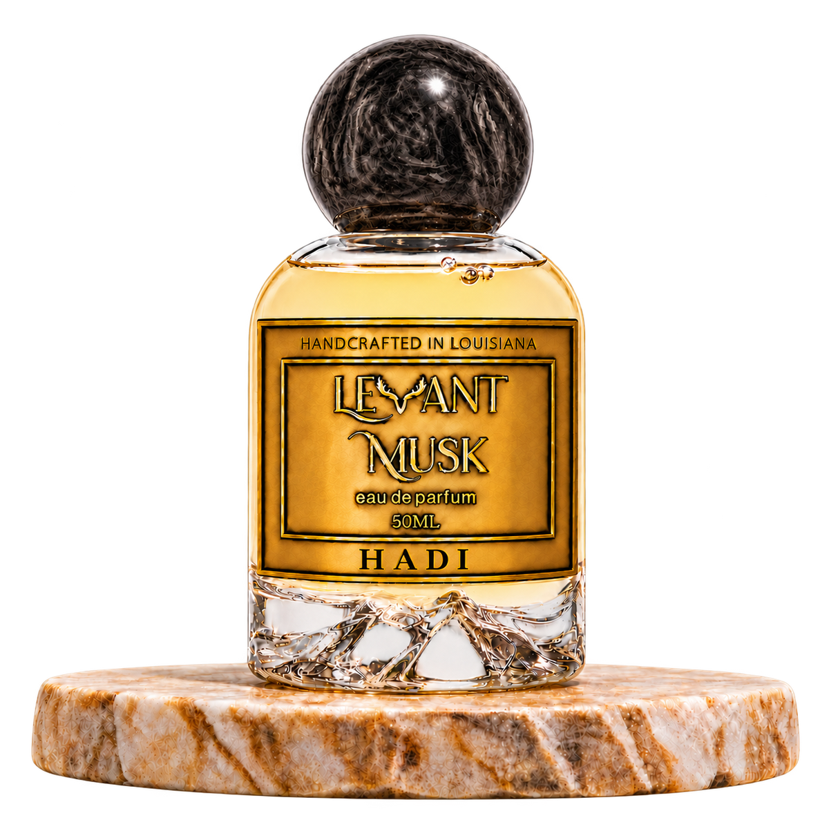 HADI by Levant Musk, 50 mL eau de parfum with black marbled cap on a marble pedestal, transparent background