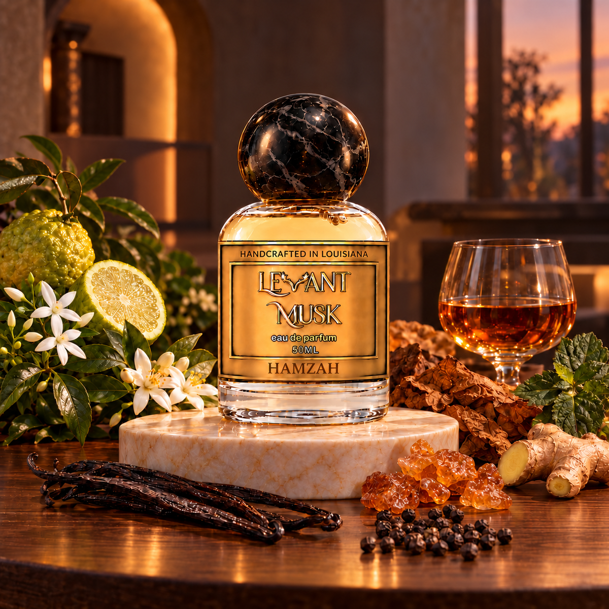 HAMZAH by Levant Musk perfume bottle in its original setting with aligned scent illustrations.