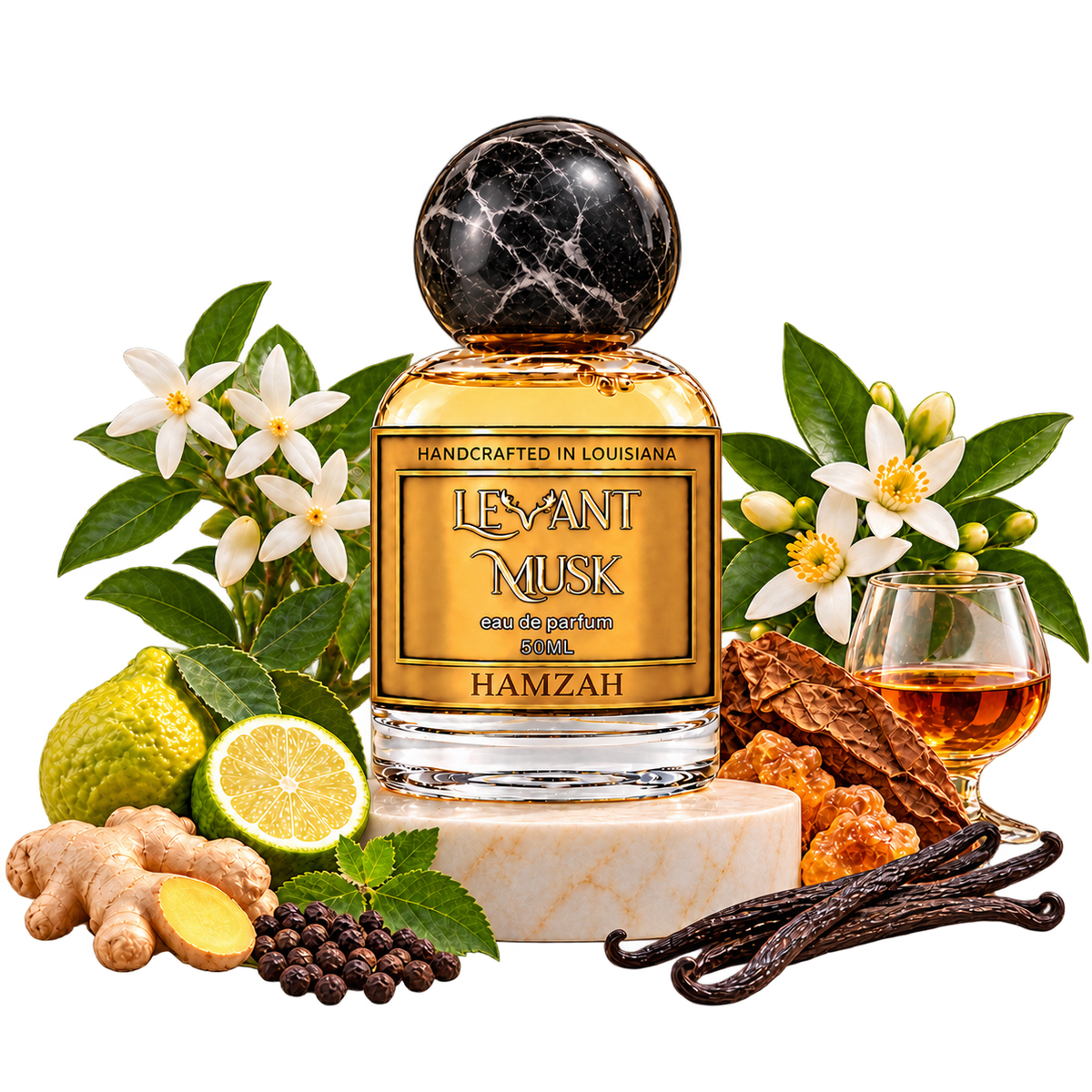 HAMZAH by Levant Musk perfume bottle with aligned scent illustrations on a transparent background.