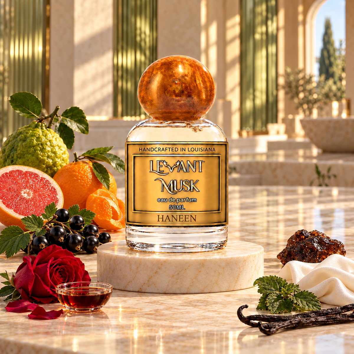 HANEEN by Levant Musk perfume bottle in its original setting with aligned scent illustrations.