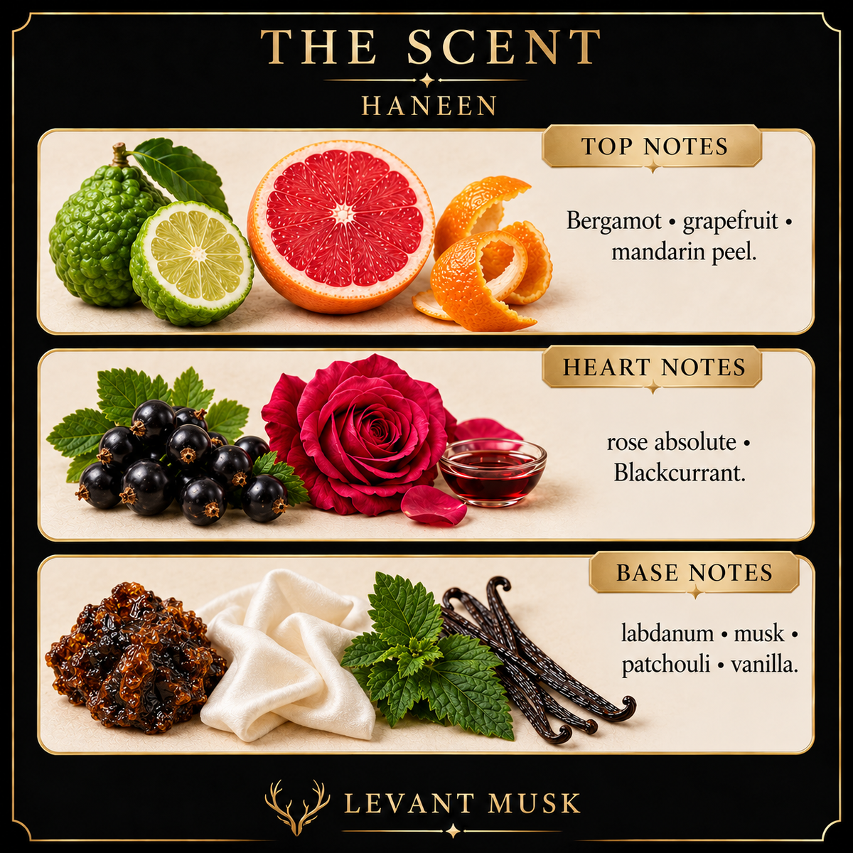 HANEEN scent notes. Top: Bergamot; grapefruit; mandarin peel. Heart: rose absolute; Blackcurrant. Base: labdanum; musk; patchouli; vanilla.