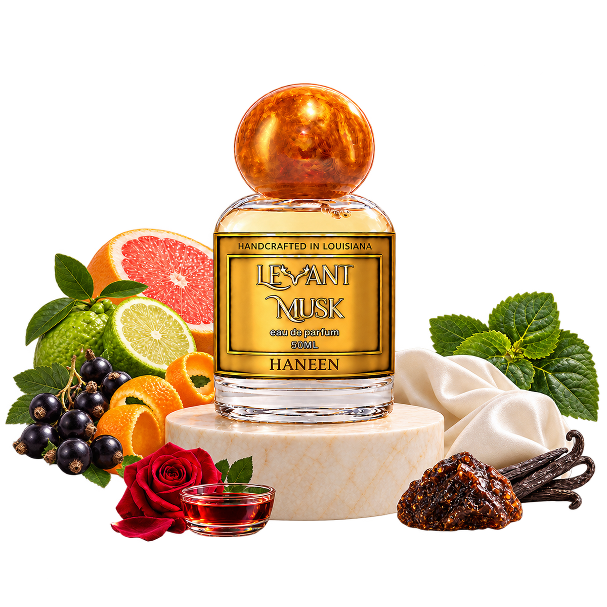 HANEEN by Levant Musk perfume bottle with aligned scent illustrations on a transparent background.