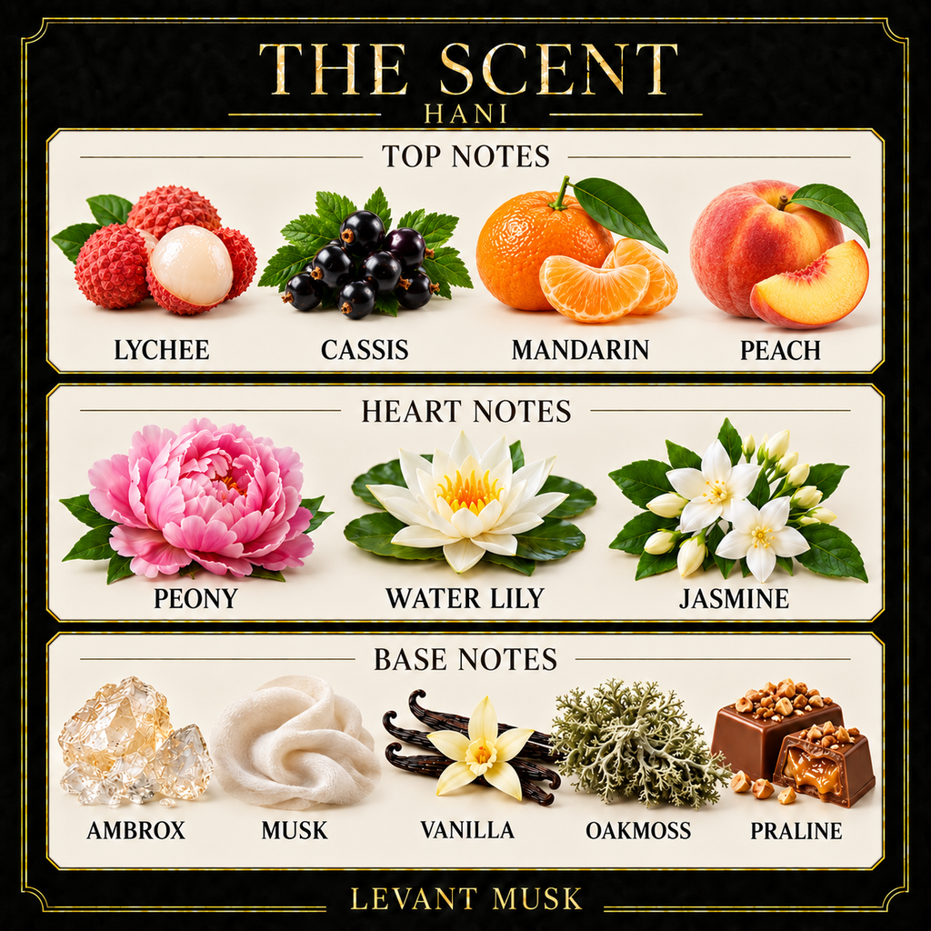 HANI scent notes. Top: Lychee; cassis; mandarin; Peach. Heart: Peony; water lily; jasmine. Base: Ambrox; musk; vanilla; oakmoss; praline.