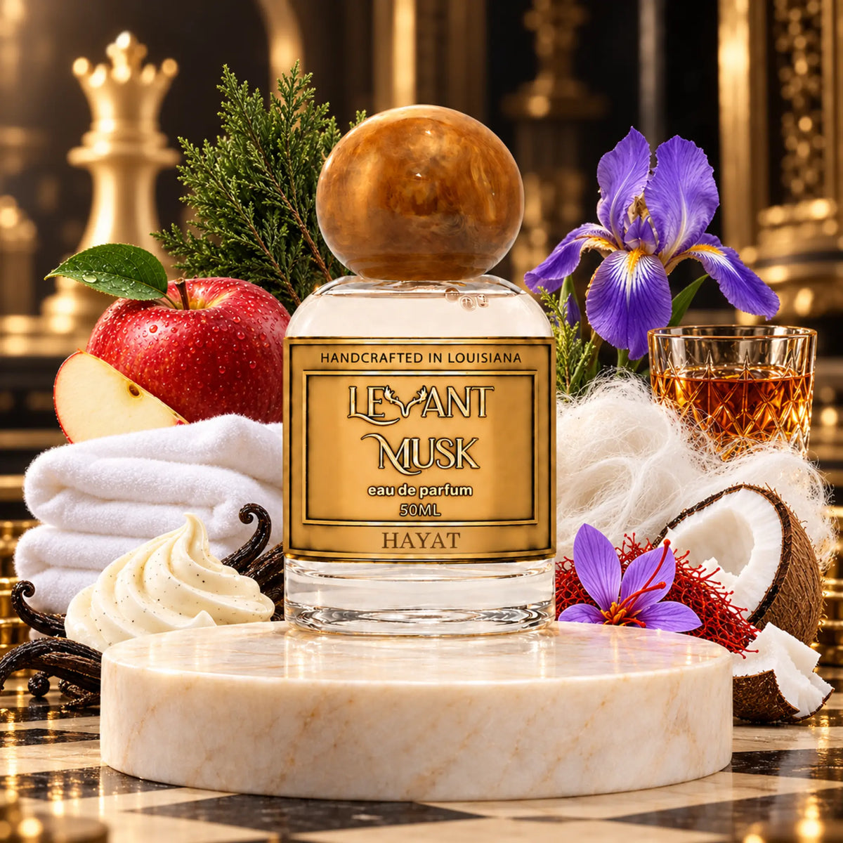 A perfume bottle labeled Hayat by  'Levant Musk' is centered on a marble pedestal, surrounded by fragrance-inspired props including a red apple, purple iris flowers, white whipped cream, a glass of amber liquid, a coconut half, and greenery in a luxurious gold-toned setting.