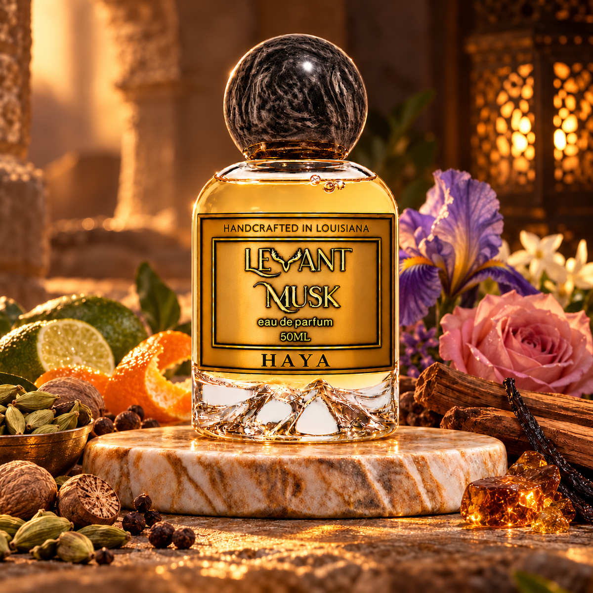 HAYA by Levant Musk, 50 mL eau de parfum, on warm marble with citrus, spices, flowers and woods.