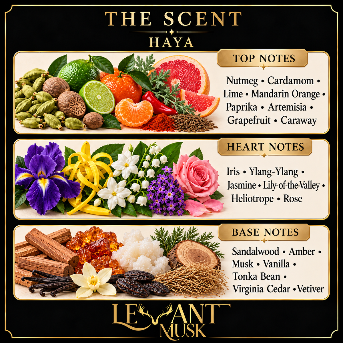 HAYA scent card. Top: Nutmeg; Cardamom; Lime; Mandarin Orange; Paprika; Artemisia; Grapefruit; Caraway. Heart: Iris; Ylang-Ylang; Jasmine; Lily-of-the-Valley; Heliotrope; Rose. Base: Sandalwood; Amber; Musk; Vanilla; Tonka Bean; Virginia Cedar; Vetiver.