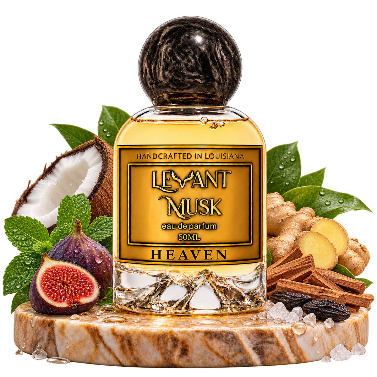 HEAVEN by Levant Musk with fragrance-note botanicals on a marble pedestal, transparent background