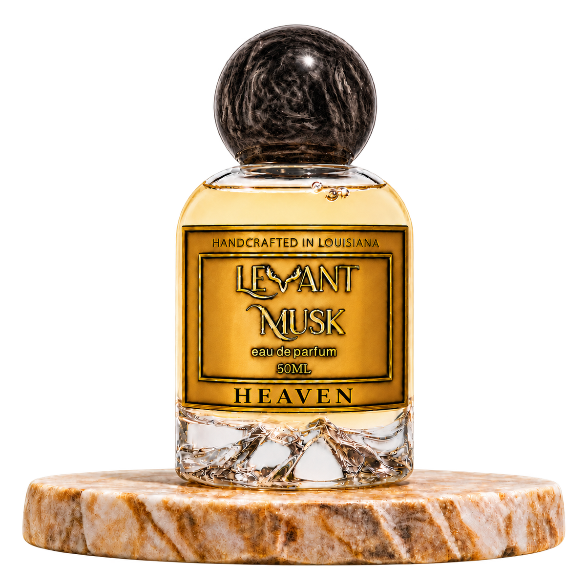 HEAVEN by Levant Musk, 50 mL eau de parfum with black marbled cap on a marble pedestal, transparent background
