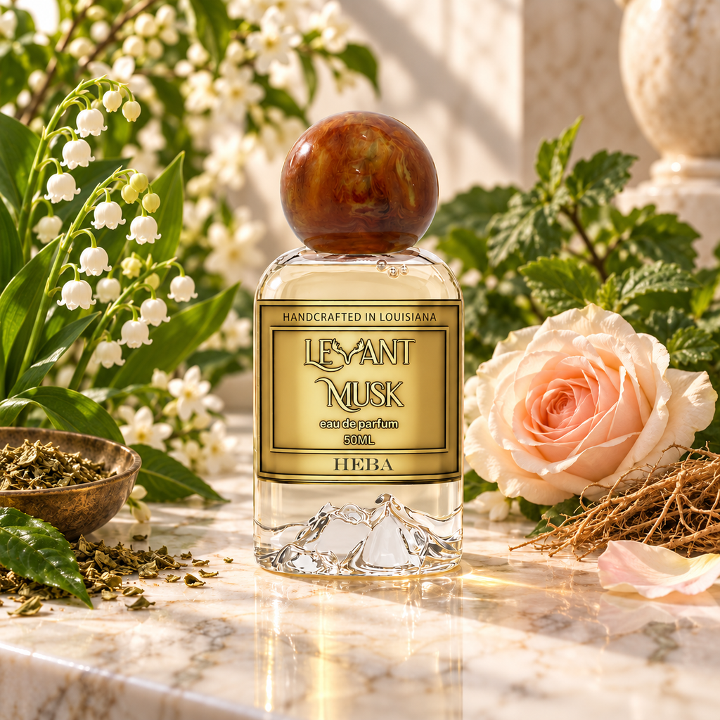 HEBA by Levant Musk perfume bottle in its original setting with aligned scent illustrations.