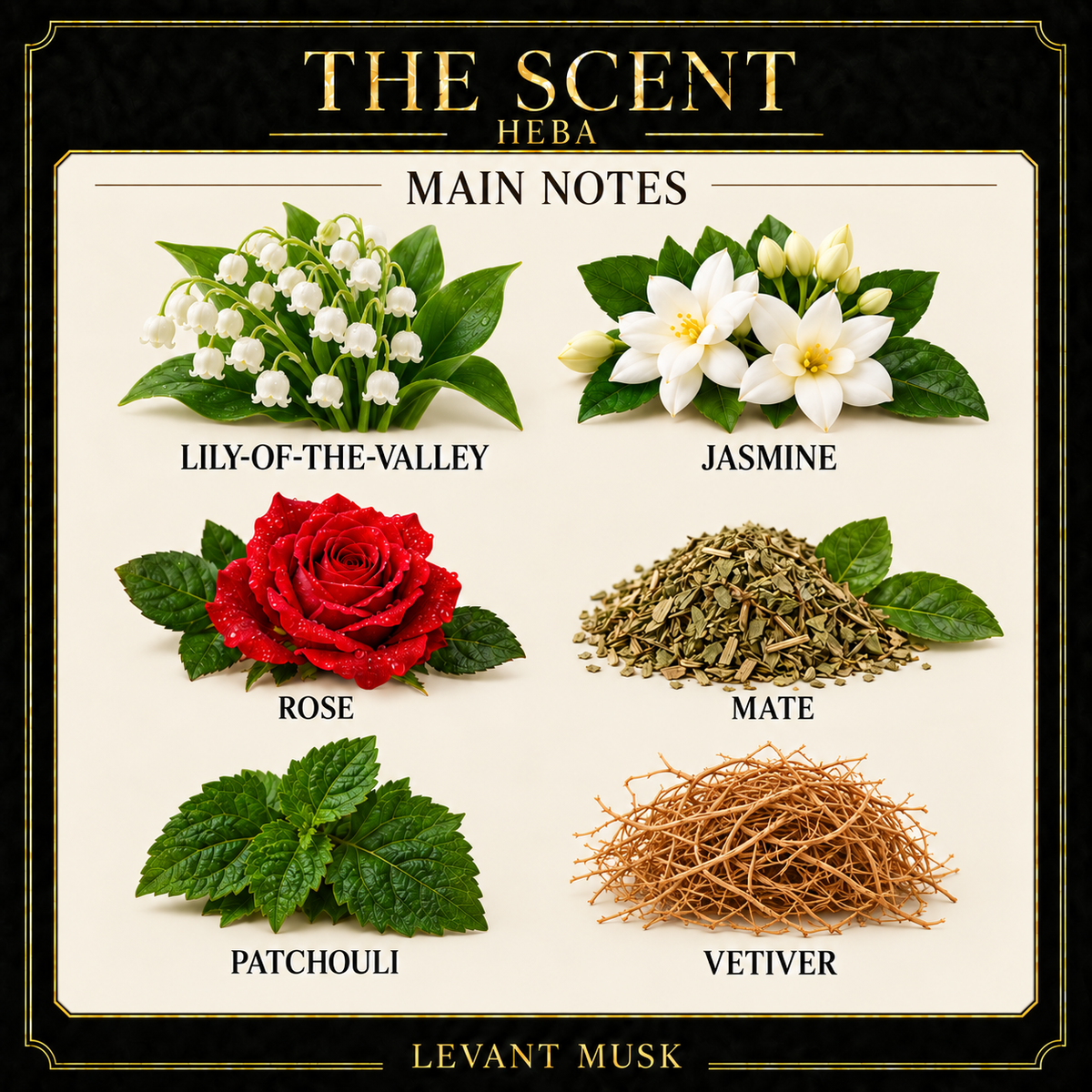 HEBA fragrance notes card. Main notes: Lily-of-the-valley; Jasmine; Rose; mate; Patchouli; vetiver.