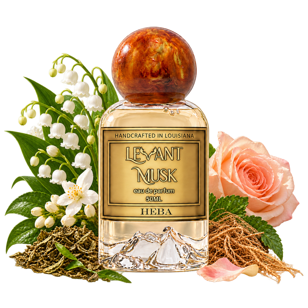 HEBA by Levant Musk perfume bottle with aligned scent illustrations on a transparent background.
