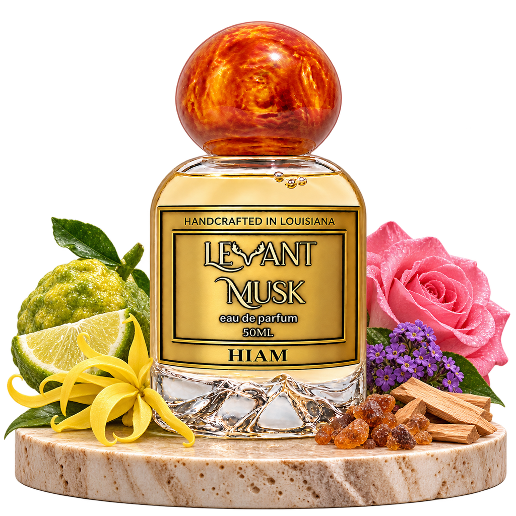 HIAM by Levant Musk with bergamot, ylang-ylang, heliotrope, Bulgarian rose, myrrh and sandalwood on travertine