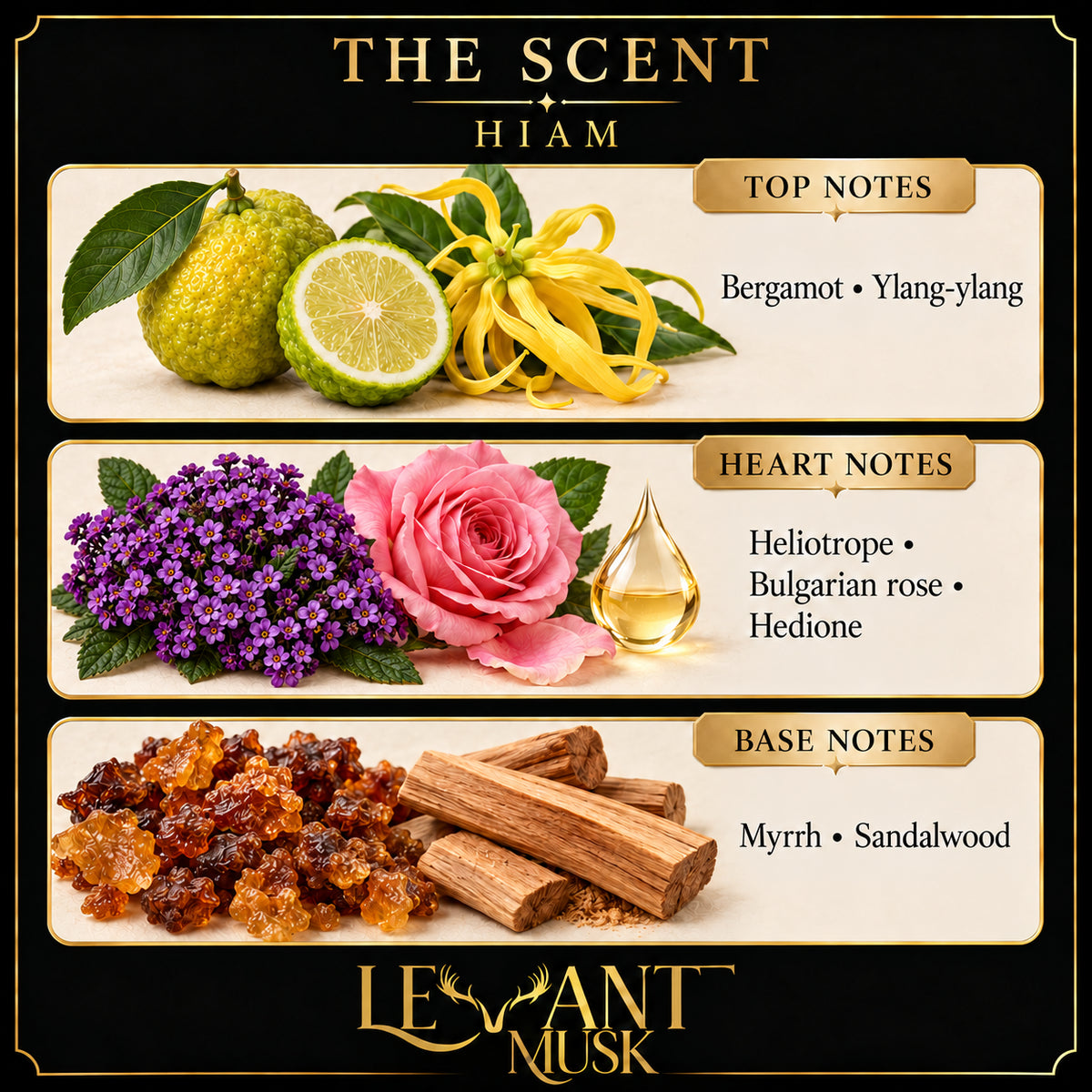 HIAM scent profile: bergamot and ylang-ylang; heliotrope, Bulgarian rose and hedione; myrrh and sandalwood