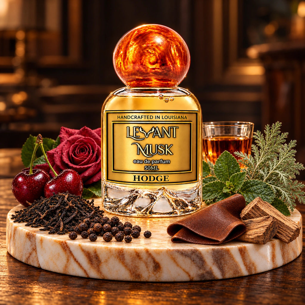 HODGE by Levant Musk on marble in a warm atmospheric setting with black tea, cherry, rose, dark rum, leather and woody accents.