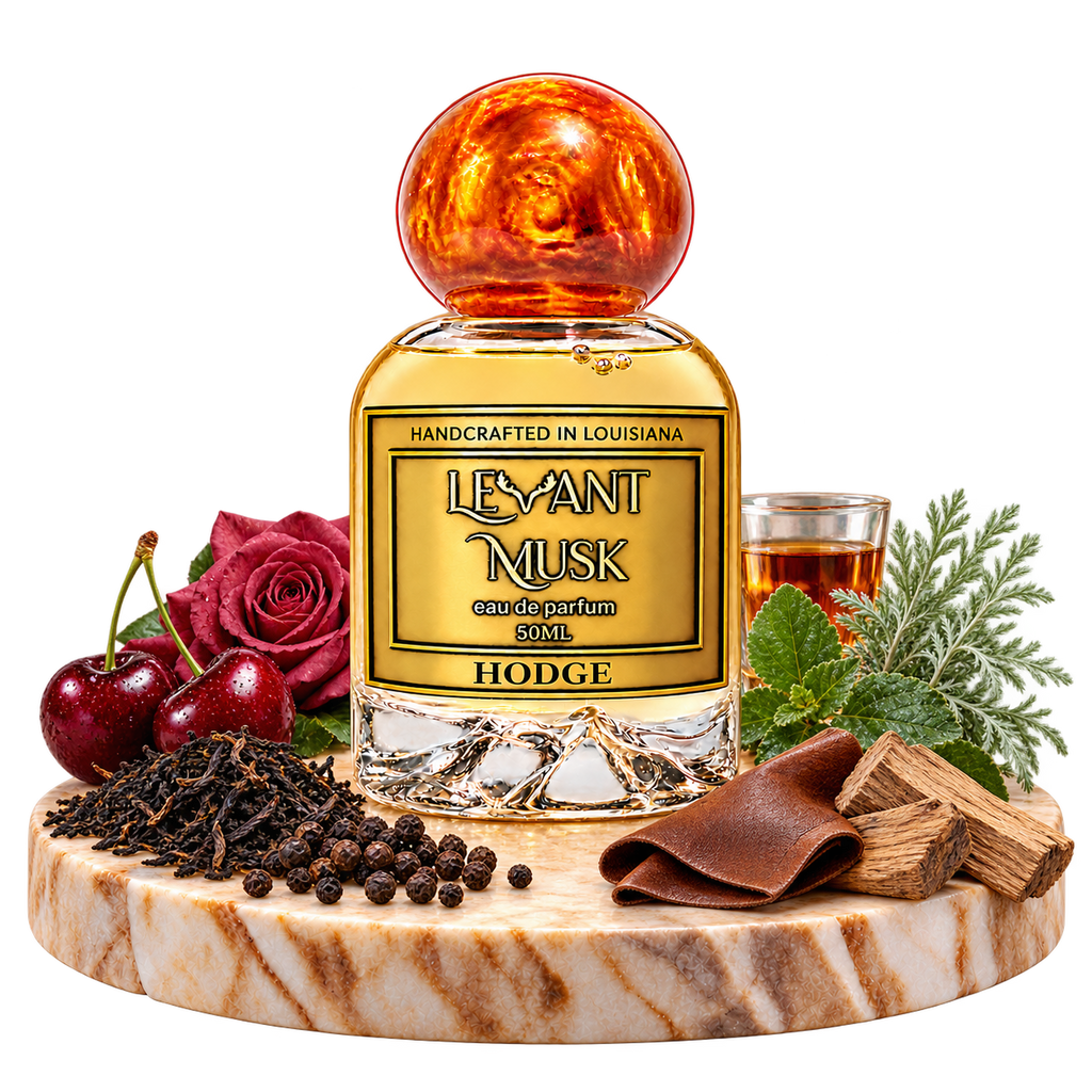 HODGE bottle on marble with black tea, black pepper, cherry, rose, dark rum, davana, patchouli, leather and oakwood, transparent background.