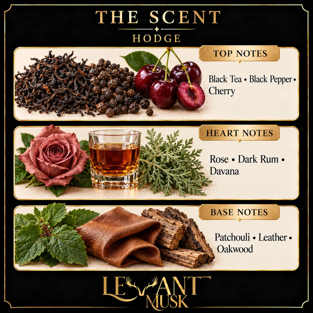 HODGE scent notes: top—Black Tea, Black Pepper, Cherry; heart—Rose, Dark Rum, Davana; base—Patchouli, Leather, Oakwood.