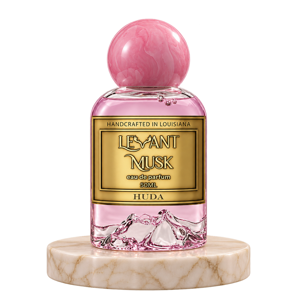 HUDA by Levant Musk plain bottle on marble true alpha