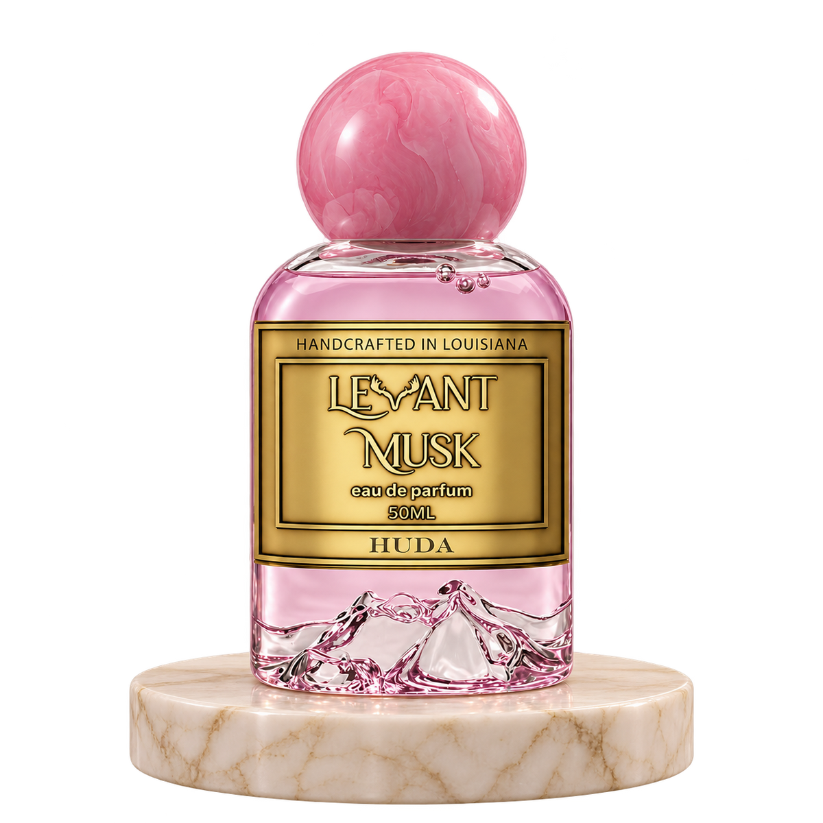 HUDA by Levant Musk plain bottle on marble true alpha