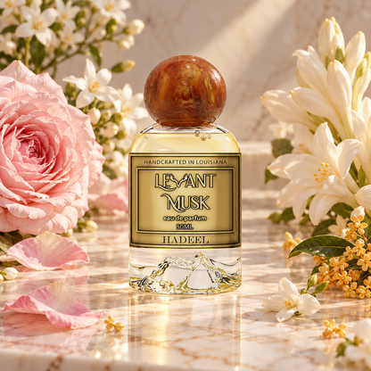 A bottle of Hadeel Levant Musk Eau de Parfum is centered on a marble surface, surrounded by pink roses, white flowers, and small yellow blossoms. The bottle has a gold label with black text and a round brown wooden cap.