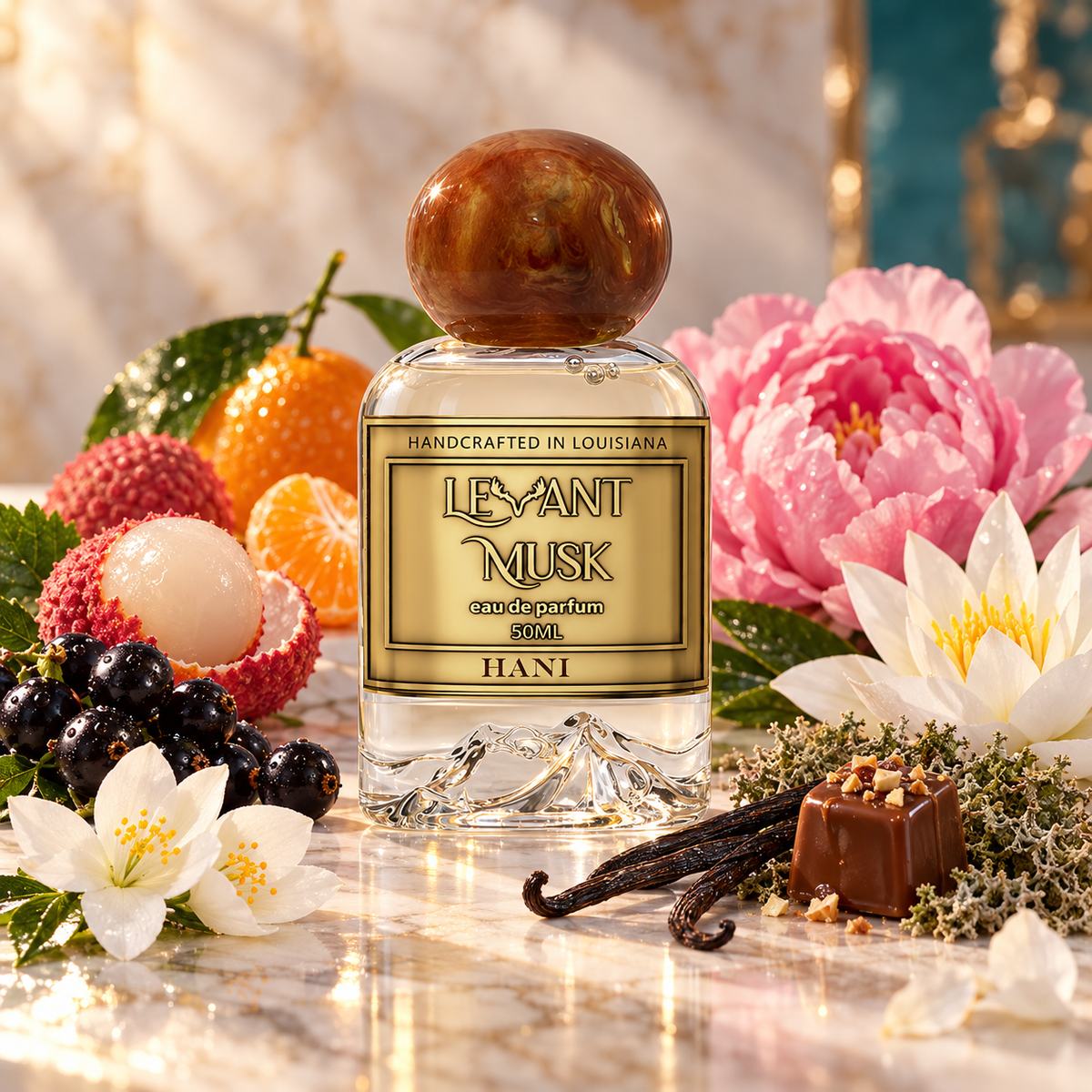 A bottle of Hani Lesant Musk eau de parfum centered on a marble surface, surrounded by fruit, flowers, vanilla beans, and a chocolate piece. The bottle has a clear glass body, a gold label with black text, and a round amber-brown cap.