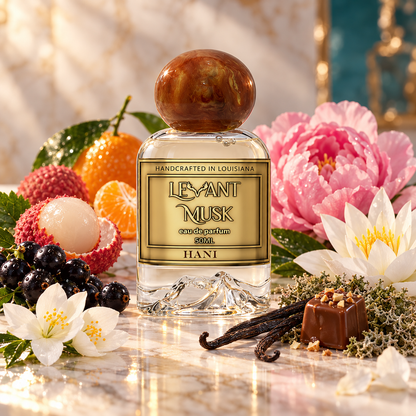 A bottle of Hani Lesant Musk eau de parfum centered on a marble surface, surrounded by fruit, flowers, vanilla beans, and a chocolate piece. The bottle has a clear glass body, a gold label with black text, and a round amber-brown cap.