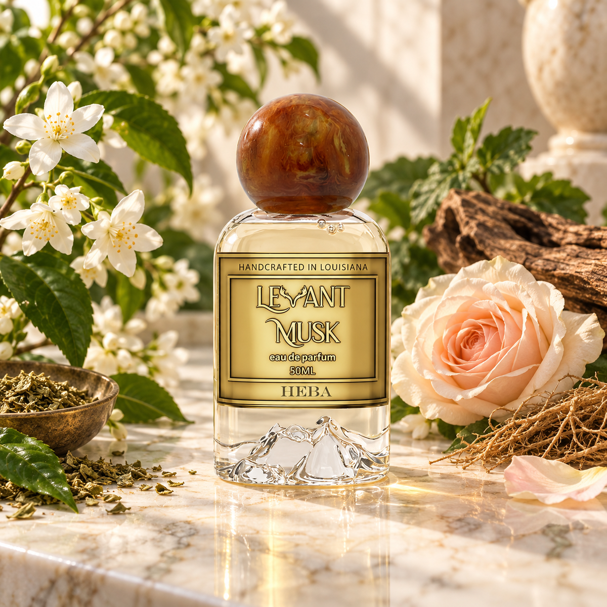 A perfume bottle labeledHeba by Levant Musk with a gold label and a round brown cap, styled on a marble surface with white flowers, green leaves, dried herbs, and a peach rose.