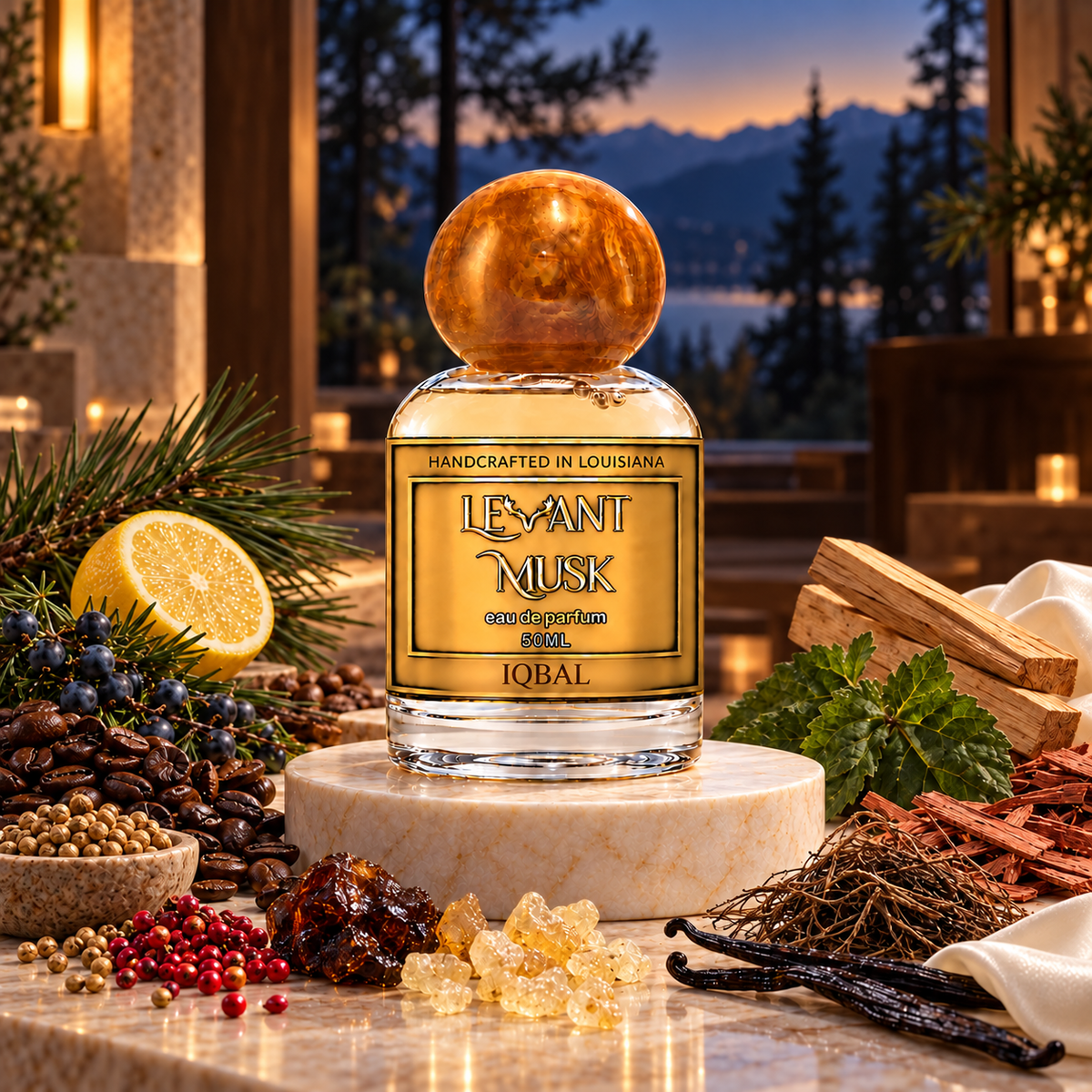 IQBAL by Levant Musk, orange-gold-cap 50 mL bottle in an atmospheric fragrance setting