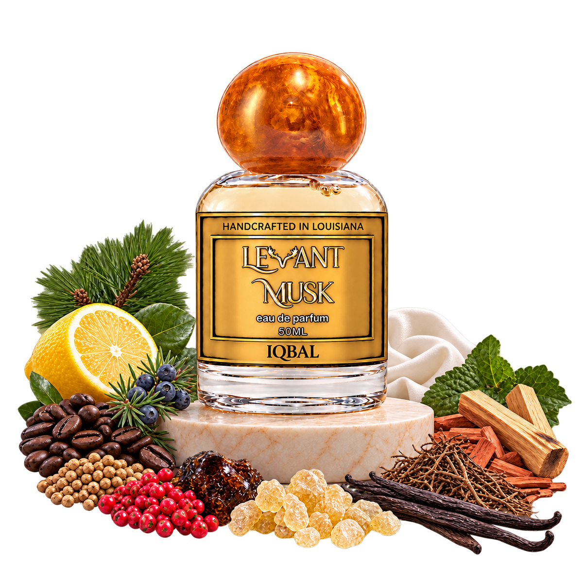 IQBAL 50 mL Levant Musk bottle with fragrance-note props on a transparent background