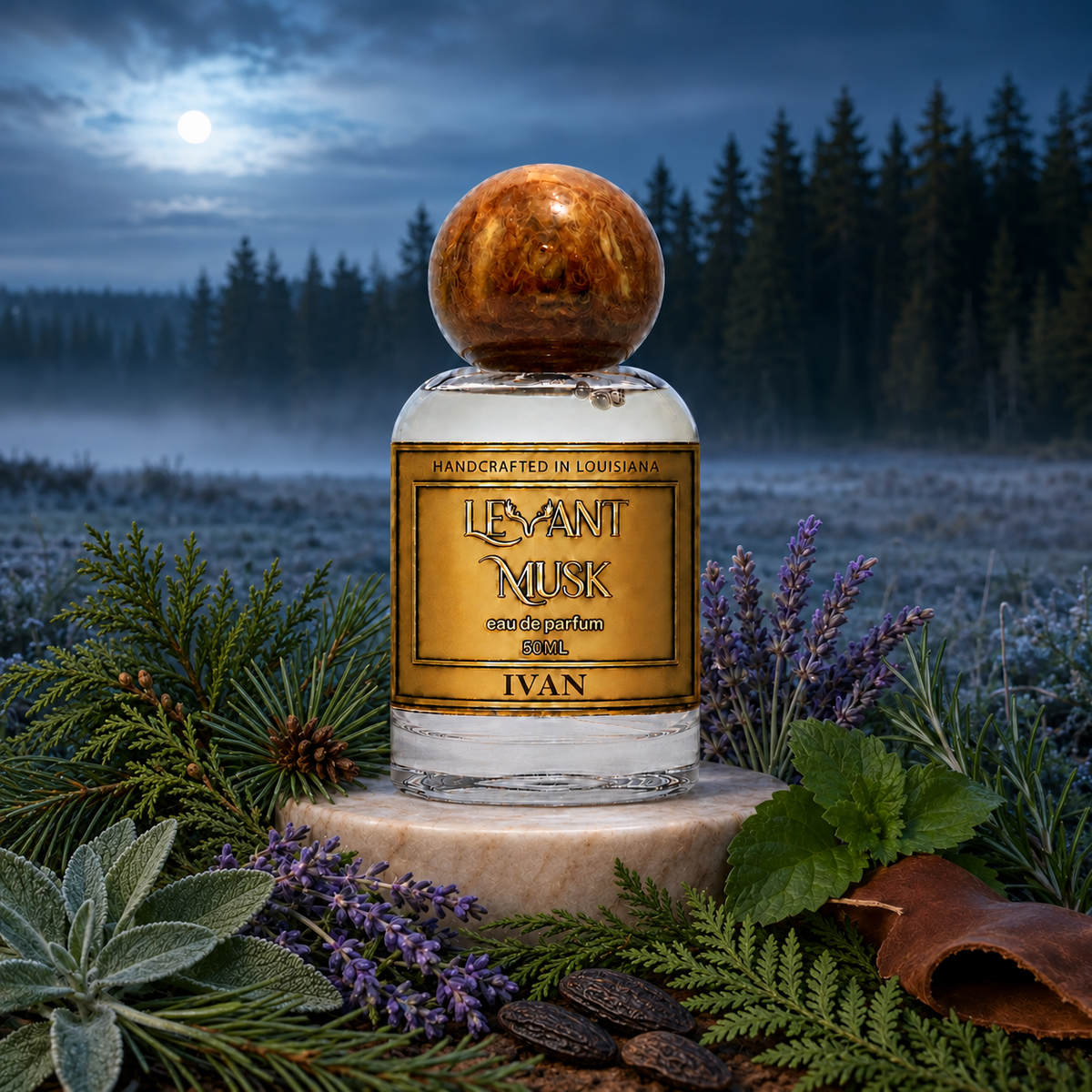 IVAN eau de parfum by Levant Musk in a moonlit forest with pine, cypress, lavender, herbs, tonka and leather.