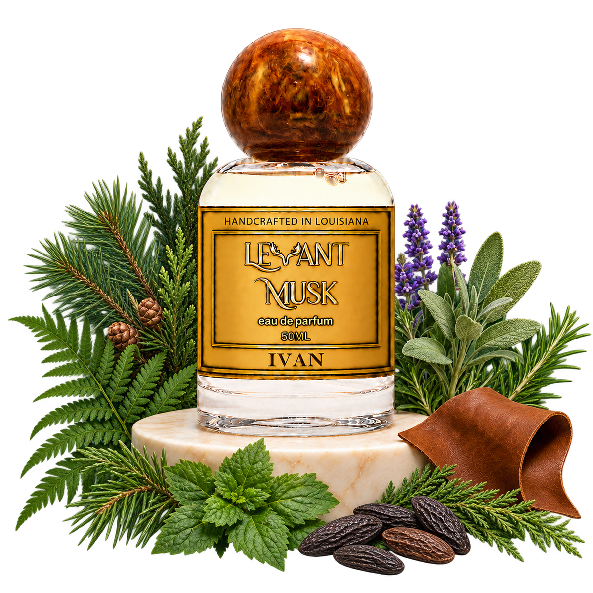 IVAN bottle with pine, cypress, fern, lavender, aromatic herbs, tonka and leather on a genuine transparent background.