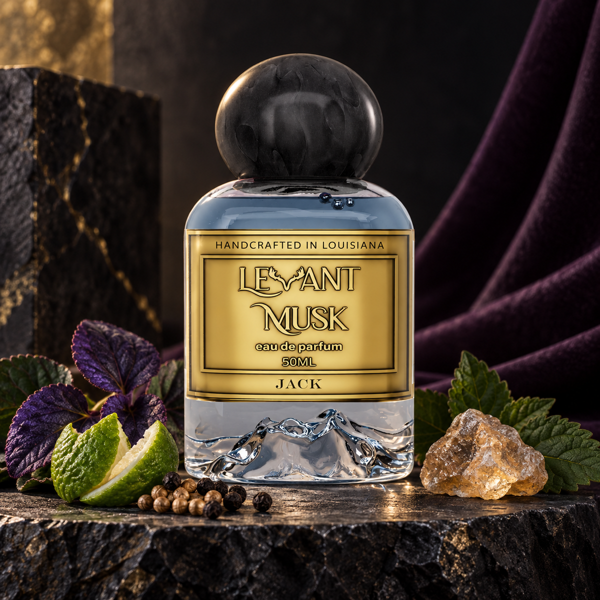 Levant Musk Jack perfume bottle styled with notes of violet leaf, rose, and ambergris.