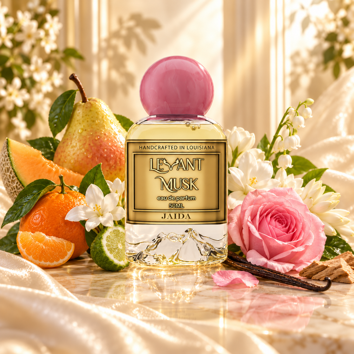 JAIDA by Levant Musk perfume bottle in its original setting with aligned scent illustrations.